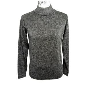 Vintage 1990s Merino Wool Blend Mock Neck Sweater Silver Metallic Quiet Luxury